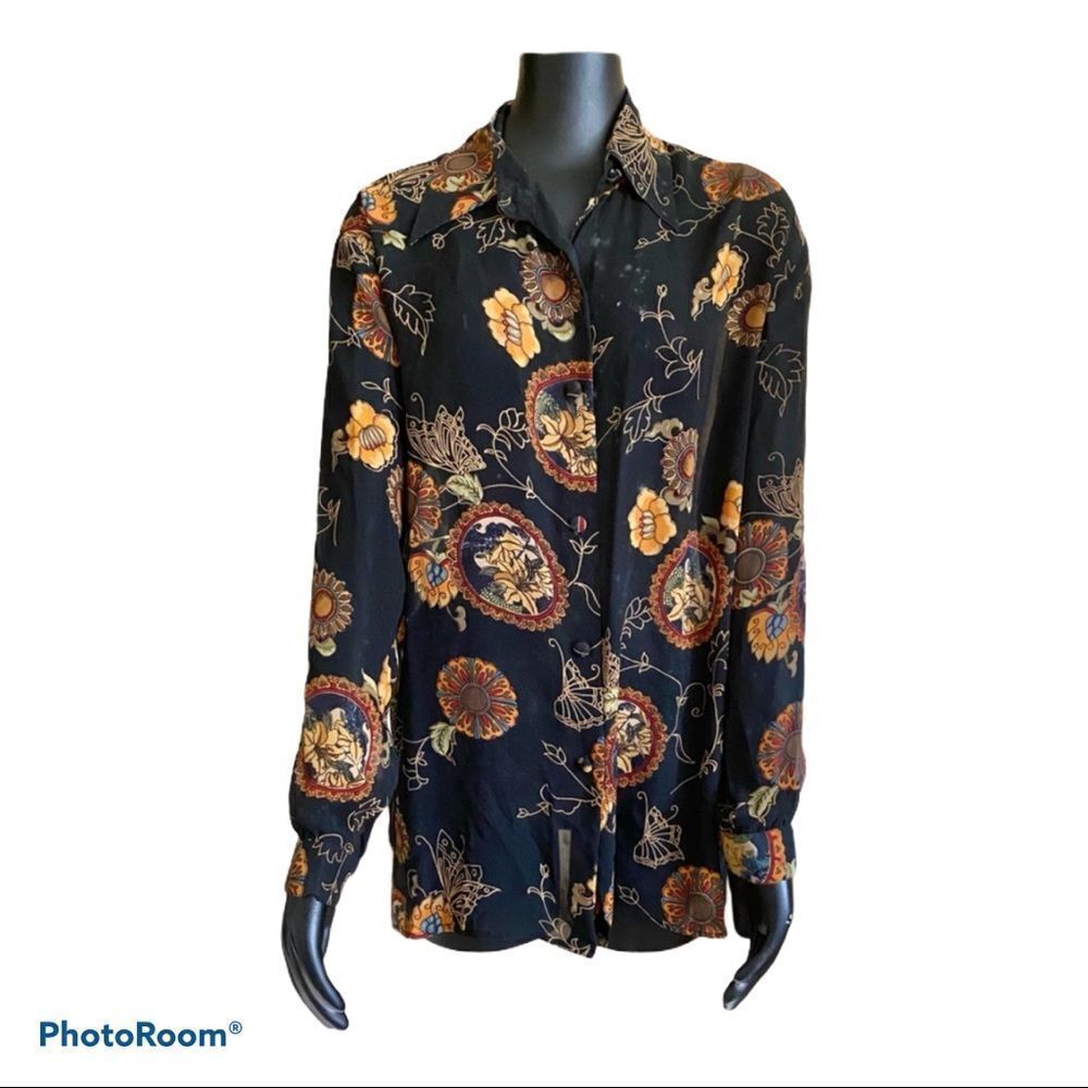 FULLY FASHION black floral 100% silk blouse M